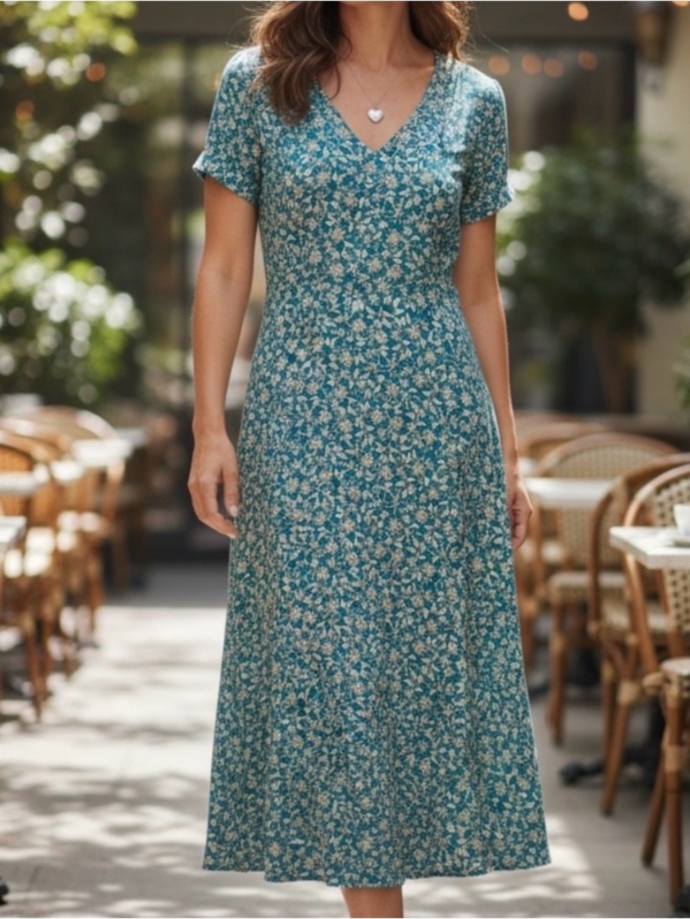 Madewell Teal Floral V-Neck Midi Dress  -NWOT